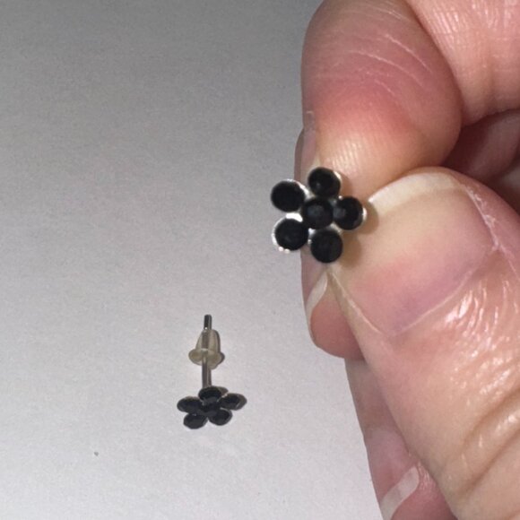 7mm Black Flower Cz And Sterling Post Earrings - Picture 4 of 9